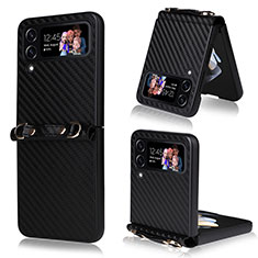 Luxus Leder Hülle Handyhülle und Kunststoff Schutzhülle Hartschalen Tasche R01 für Samsung Galaxy Z Flip3 5G Schwarz
