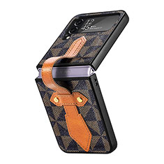 Luxus Leder Hülle Handyhülle und Kunststoff Schutzhülle Hartschalen Tasche R01 für Samsung Galaxy Z Flip4 5G Braun