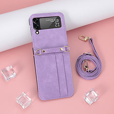 Luxus Leder Hülle Handyhülle und Kunststoff Schutzhülle Hartschalen Tasche T08 für Samsung Galaxy Z Flip4 5G Violett