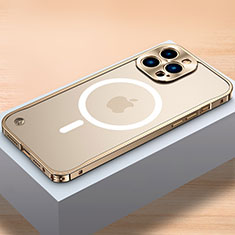 Schutzhülle Luxus Metall Rahmen und Kunststoff Schutzhülle Tasche mit Mag-Safe Magnetic Magnetisch QC1 für Apple iPhone 13 Pro Gold