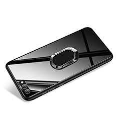 Silikon Hülle Gummi Schutzhülle Spiegel mit Fingerring Ständer für Huawei Honor V10 Schwarz