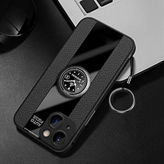 Silikon Hülle Handyhülle Gummi Schutzhülle Flexible Leder Tasche mit Magnetisch Fingerring Ständer für Apple iPhone 13 Mini Schwarz