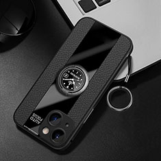 Silikon Hülle Handyhülle Gummi Schutzhülle Flexible Leder Tasche mit Magnetisch Fingerring Ständer für Apple iPhone 14 Schwarz
