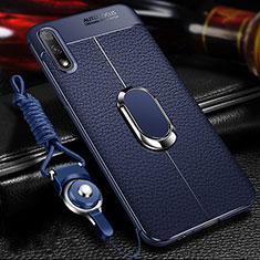 Silikon Hülle Handyhülle Gummi Schutzhülle Flexible Leder Tasche mit Magnetisch Fingerring Ständer für Huawei Enjoy 10 Blau