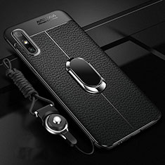 Silikon Hülle Handyhülle Gummi Schutzhülle Flexible Leder Tasche mit Magnetisch Fingerring Ständer für Huawei Enjoy 10e Schwarz