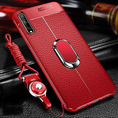 Silikon Hülle Handyhülle Gummi Schutzhülle Flexible Leder Tasche mit Magnetisch Fingerring Ständer für Huawei Enjoy 10S Rot