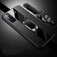 Silikon Hülle Handyhülle Gummi Schutzhülle Flexible Leder Tasche mit Magnetisch Fingerring Ständer für Huawei Enjoy Z 5G Schwarz