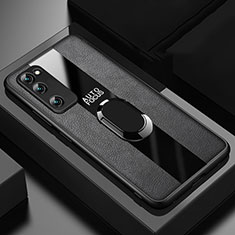 Silikon Hülle Handyhülle Gummi Schutzhülle Flexible Leder Tasche mit Magnetisch Fingerring Ständer für Huawei Honor 30 Lite 5G Schwarz