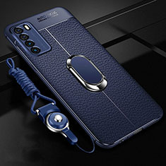 Silikon Hülle Handyhülle Gummi Schutzhülle Flexible Leder Tasche mit Magnetisch Fingerring Ständer für Huawei Honor Play4 5G Blau