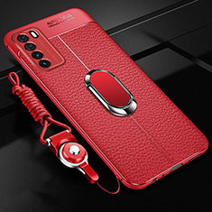 Silikon Hülle Handyhülle Gummi Schutzhülle Flexible Leder Tasche mit Magnetisch Fingerring Ständer für Huawei Honor Play4 5G Rot