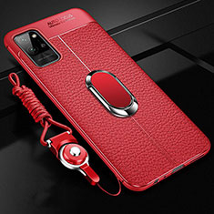 Silikon Hülle Handyhülle Gummi Schutzhülle Flexible Leder Tasche mit Magnetisch Fingerring Ständer für Huawei Honor Play4 Pro 5G Rot
