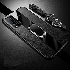 Silikon Hülle Handyhülle Gummi Schutzhülle Flexible Leder Tasche mit Magnetisch Fingerring Ständer für Huawei Honor Play4T Pro Schwarz