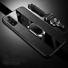Silikon Hülle Handyhülle Gummi Schutzhülle Flexible Leder Tasche mit Magnetisch Fingerring Ständer für Huawei Honor Play4T Schwarz