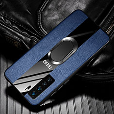 Silikon Hülle Handyhülle Gummi Schutzhülle Flexible Leder Tasche mit Magnetisch Fingerring Ständer für Huawei Nova 7 SE 5G Blau