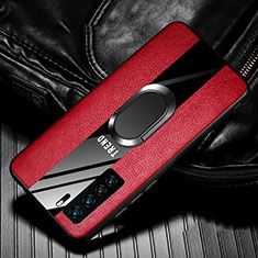 Silikon Hülle Handyhülle Gummi Schutzhülle Flexible Leder Tasche mit Magnetisch Fingerring Ständer für Huawei Nova 7 SE 5G Rot