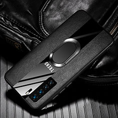 Silikon Hülle Handyhülle Gummi Schutzhülle Flexible Leder Tasche mit Magnetisch Fingerring Ständer für Huawei Nova 7 SE 5G Schwarz