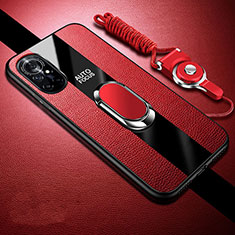 Silikon Hülle Handyhülle Gummi Schutzhülle Flexible Leder Tasche mit Magnetisch Fingerring Ständer für Huawei Nova 8 5G Rot