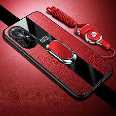 Silikon Hülle Handyhülle Gummi Schutzhülle Flexible Leder Tasche mit Magnetisch Fingerring Ständer für Huawei Nova 8 Pro 5G Rot