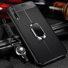 Silikon Hülle Handyhülle Gummi Schutzhülle Flexible Leder Tasche mit Magnetisch Fingerring Ständer für Huawei Y8p Schwarz