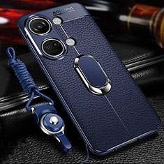 Silikon Hülle Handyhülle Gummi Schutzhülle Flexible Leder Tasche mit Magnetisch Fingerring Ständer für OnePlus Ace 2V 5G Blau