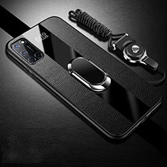 Silikon Hülle Handyhülle Gummi Schutzhülle Flexible Leder Tasche mit Magnetisch Fingerring Ständer für Oppo A52 Schwarz