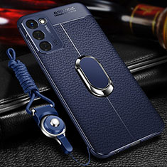 Silikon Hülle Handyhülle Gummi Schutzhülle Flexible Leder Tasche mit Magnetisch Fingerring Ständer für Oppo A53s 5G Blau