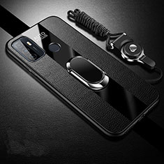 Silikon Hülle Handyhülle Gummi Schutzhülle Flexible Leder Tasche mit Magnetisch Fingerring Ständer für Oppo A53s Schwarz