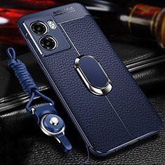 Silikon Hülle Handyhülle Gummi Schutzhülle Flexible Leder Tasche mit Magnetisch Fingerring Ständer für Oppo A56S 5G Blau