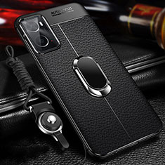 Silikon Hülle Handyhülle Gummi Schutzhülle Flexible Leder Tasche mit Magnetisch Fingerring Ständer für Oppo A76 Schwarz