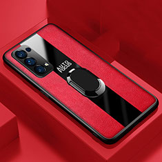 Silikon Hülle Handyhülle Gummi Schutzhülle Flexible Leder Tasche mit Magnetisch Fingerring Ständer für Oppo Find X3 Lite 5G Rot