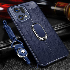 Silikon Hülle Handyhülle Gummi Schutzhülle Flexible Leder Tasche mit Magnetisch Fingerring Ständer für Oppo Find X5 Pro 5G Blau