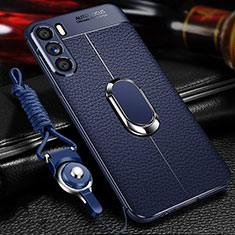 Silikon Hülle Handyhülle Gummi Schutzhülle Flexible Leder Tasche mit Magnetisch Fingerring Ständer für Oppo K9 Pro 5G Blau