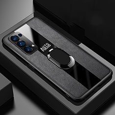 Silikon Hülle Handyhülle Gummi Schutzhülle Flexible Leder Tasche mit Magnetisch Fingerring Ständer für Oppo Reno5 Pro 5G Schwarz