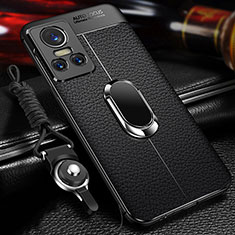 Silikon Hülle Handyhülle Gummi Schutzhülle Flexible Leder Tasche mit Magnetisch Fingerring Ständer für Realme GT Neo3 5G Schwarz