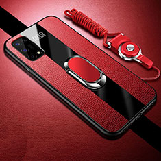 Silikon Hülle Handyhülle Gummi Schutzhülle Flexible Leder Tasche mit Magnetisch Fingerring Ständer für Realme X7 Pro 5G Rot