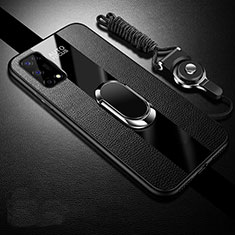 Silikon Hülle Handyhülle Gummi Schutzhülle Flexible Leder Tasche mit Magnetisch Fingerring Ständer für Realme X7 Pro 5G Schwarz
