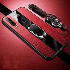 Silikon Hülle Handyhülle Gummi Schutzhülle Flexible Leder Tasche mit Magnetisch Fingerring Ständer für Samsung Galaxy A20s Rot