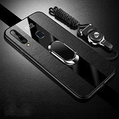 Silikon Hülle Handyhülle Gummi Schutzhülle Flexible Leder Tasche mit Magnetisch Fingerring Ständer für Samsung Galaxy A20s Schwarz