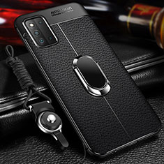 Silikon Hülle Handyhülle Gummi Schutzhülle Flexible Leder Tasche mit Magnetisch Fingerring Ständer für Samsung Galaxy F52 5G Schwarz
