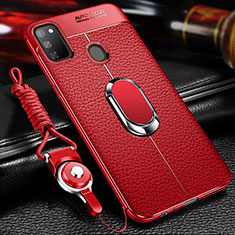 Silikon Hülle Handyhülle Gummi Schutzhülle Flexible Leder Tasche mit Magnetisch Fingerring Ständer für Samsung Galaxy M21 Rot