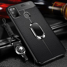 Silikon Hülle Handyhülle Gummi Schutzhülle Flexible Leder Tasche mit Magnetisch Fingerring Ständer für Samsung Galaxy M21 Schwarz