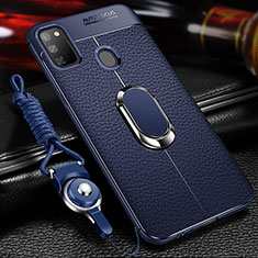 Silikon Hülle Handyhülle Gummi Schutzhülle Flexible Leder Tasche mit Magnetisch Fingerring Ständer für Samsung Galaxy M30s Blau