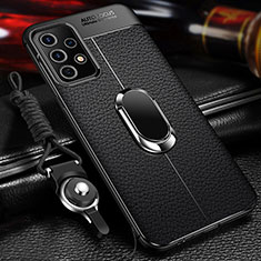 Silikon Hülle Handyhülle Gummi Schutzhülle Flexible Leder Tasche mit Magnetisch Fingerring Ständer für Samsung Galaxy M32 5G Schwarz