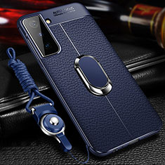 Silikon Hülle Handyhülle Gummi Schutzhülle Flexible Leder Tasche mit Magnetisch Fingerring Ständer für Samsung Galaxy S21 FE 5G Blau