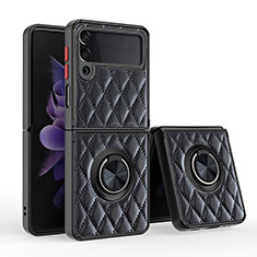 Silikon Hülle Handyhülle Gummi Schutzhülle Flexible Leder Tasche mit Magnetisch Fingerring Ständer für Samsung Galaxy Z Flip3 5G Schwarz