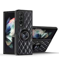Silikon Hülle Handyhülle Gummi Schutzhülle Flexible Leder Tasche mit Magnetisch Fingerring Ständer für Samsung Galaxy Z Fold4 5G Schwarz