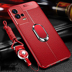 Silikon Hülle Handyhülle Gummi Schutzhülle Flexible Leder Tasche mit Magnetisch Fingerring Ständer für Vivo iQOO 8 5G Rot