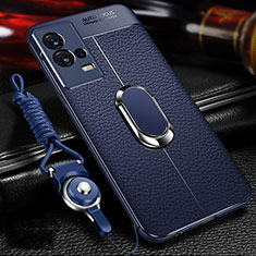 Silikon Hülle Handyhülle Gummi Schutzhülle Flexible Leder Tasche mit Magnetisch Fingerring Ständer für Vivo iQOO 8 Pro 5G Blau