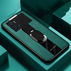 Silikon Hülle Handyhülle Gummi Schutzhülle Flexible Leder Tasche mit Magnetisch Fingerring Ständer für Vivo iQOO 9 5G Grün