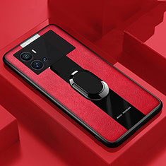 Silikon Hülle Handyhülle Gummi Schutzhülle Flexible Leder Tasche mit Magnetisch Fingerring Ständer für Vivo iQOO 9 5G Rot
